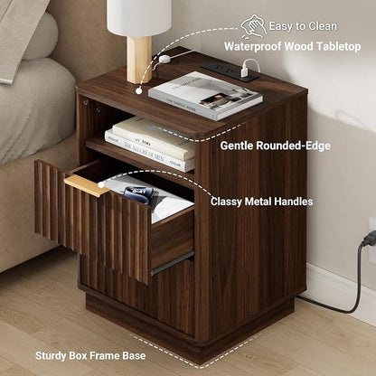 Fluted Nightstand, Night Stand Set 2, Walnut Nightstands Set of 2 with Charging Station, 2 Drawer Wood End Table w/Storage, Modern Bedside Table for Bedroom Sofa Home Office, Curved Corners