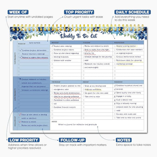 Taja Weekly To Do List Notepad with 52 Undated Sheets（8.5"×11"）- Weekly Desk Planner for Women & Man, Work and Home - 1 Pack Azure Bloom