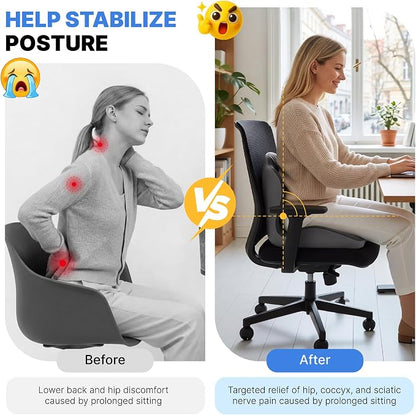 Ergonomic Seat Cushion, Office Chair Seat Cushions with L-Shaped Integrated Design, Memory Foam Orthopedic Cushion with Coccyx Hollow, Lumbar Support & Tailbone Pain Relief for Long Sitting (Grey)