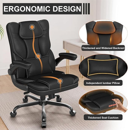 Ergonomic Office Chair with Flip-Up Armrests, Mid Back Executive PU Leather Desk Chair, Height Adjustable with Lumbar Support, Rocking & Swivel Computer Chair for Home Office