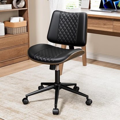 REONEY Home Armless Office Chair Set of 2, Modern Walnut Desk Chair with Wheels, Adjustable Swivel Rolling Task Chair with Curved Back for Reading,Meeting Room, Black