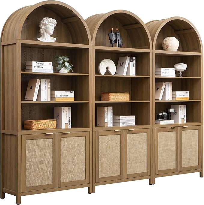 SICOTAS Book Shelf Arched Cabinet Bookshelf Arch 84.2" Tall Bookcase 5 Tier Large Bookshelves with Doors Storage Rattan Boho Wide Book Shelves Case for Living Room Kitchen Office Library