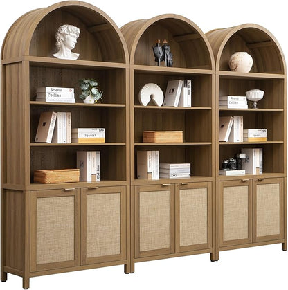SICOTAS Book Shelf Arched Cabinet Bookshelf Arch 84.2" Tall Bookcase 5 Tier Large Bookshelves with Doors Storage Rattan Boho Wide Book Shelves Case for Living Room Kitchen Office Library