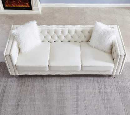 Mikibama Velvet 3 Seater Sofa Couch with Buttons and Square Arms 83.07 Inch Tufted 3-seat Sofas with Trimmed Nailhead and Acrylic Legs Modern Couches for Living Room,Bedroom (Beige-crystal Legs, Sofa)