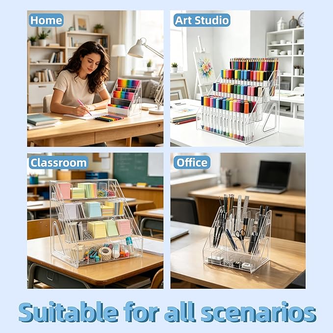 5-Tier Acrylic Marker Organizer, 150 Slots Desktop Pen Storage Rack, Vertical Art Supply Holder for Colored Pencils, Paint Brushes & Office Accessories, Clear Desk Stationery Display