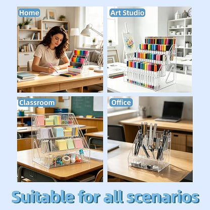 5-Tier Acrylic Marker Organizer, 150 Slots Desktop Pen Storage Rack, Vertical Art Supply Holder for Colored Pencils, Paint Brushes & Office Accessories, Clear Desk Stationery Display