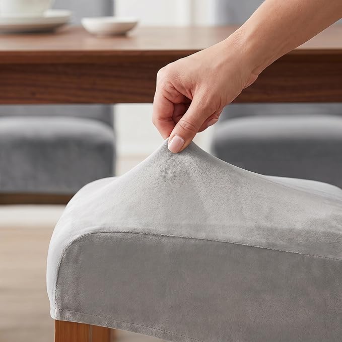 Deisy Dee Stretch XL/Oversized Extra Large Velvet Dining Room Chair Covers for Kitchen Dining，Removable Washable Chair Protectors Slipcovers (Sliver, 4)