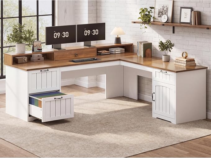 SEDETA Farmhouse L Shaped Desk with Drawers, 63" Office Desk with File Drawers, Wood Corner Computer Desk with Storage, Home Office Desk with Monitor Stand and Storage Cabinet, Walnut and White