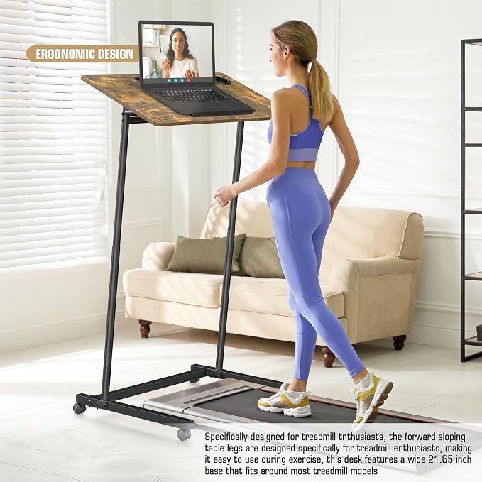 Eocnrhe Treadmill Desk, Mobile Small Standing Desk with Wheels for Walking Pad, Portable Table for Laptop, Rolling Table Adjustable Height, Bedside Table，Brown