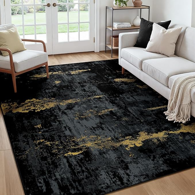RELEANY Washable Area Rugs Square 7ft Non-Slip Modern Abstract Soft for Living Room Entryway Bedroom Kitchen, Print Pattern, Dark Black Gold