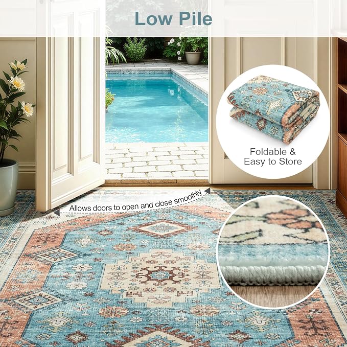 Lofus Vintage Living Room Rugs 8x10, Soft Machine Washable Area Rug for Bedroom Indoor Floor Home Office House Decor, Oriental Traditional Distressed Farmhouse Carpet, Boho Terracotta and Blue