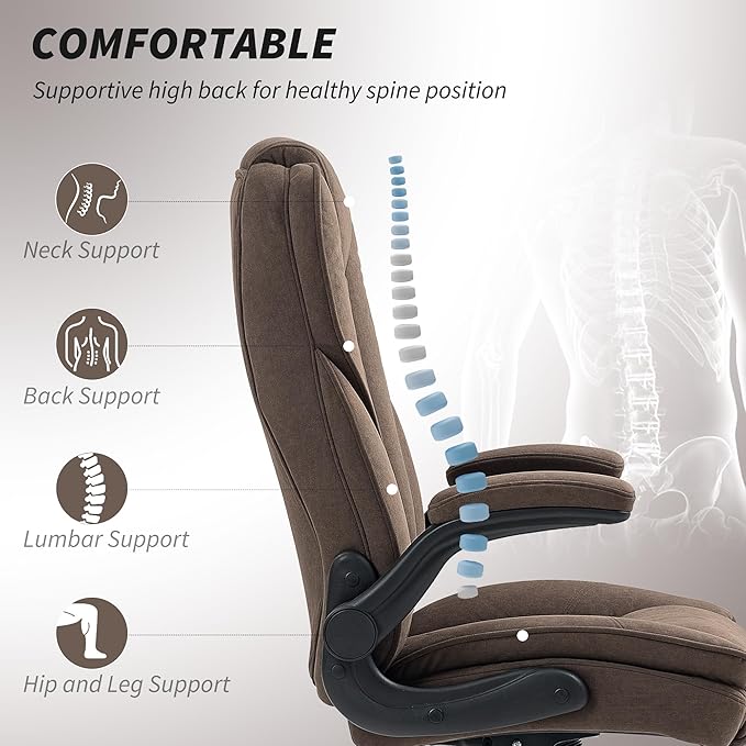 HOMCOM High Back Office Chair, Executive Desk Chair with Swivel Wheels, Flip-up Armrest, Adjustable Height, Modern Diamond Fabric Computer Chair for Home Office, Dark Brown