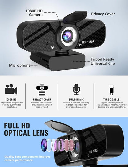 HD 1080P Webcam with Built-in Microphone and Rotatable Tripod, 1080P Video and Wide Angle Camera, Privacy Cover, for Desktop PC or Laptop Computer （Grey）