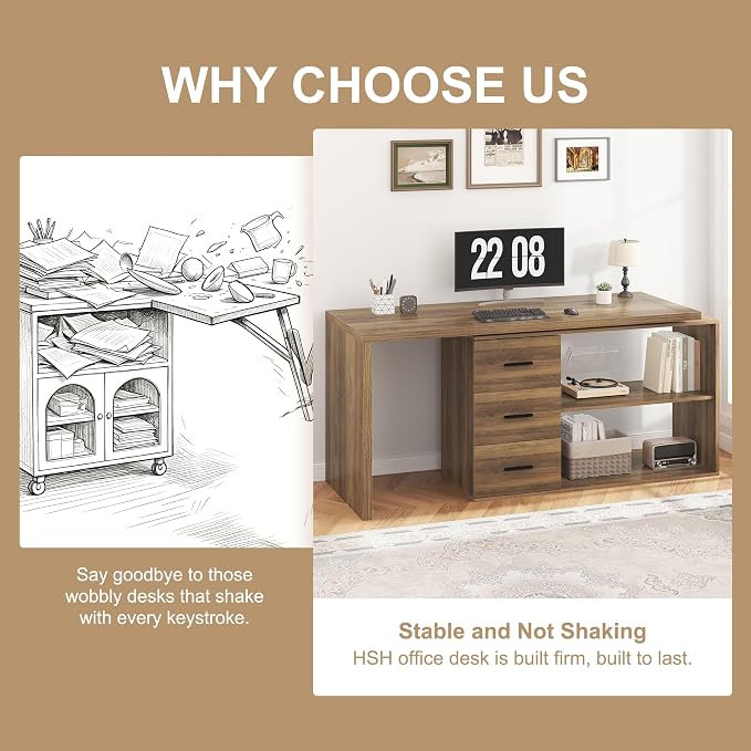 HSH L Shaped Office Desk with Drawers Shelves 55-76 Inch, Corner Computer Desk with Storage 360 Rotating Long for Work, Executive, Study, Writing, Teacher, Bedroom Modern Gaming Table Farmhouse