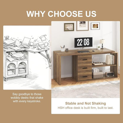 HSH L Shaped Office Desk with Drawers Shelves 55-76 Inch, Corner Computer Desk with Storage 360 Rotating Long for Work, Executive, Study, Writing, Teacher, Bedroom Modern Gaming Table Farmhouse