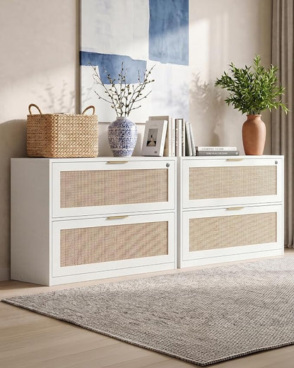 YIGOBUY Lateral File Cabinets for Home Office, 2 Drawer Filing Cabinet with Lock, Wide Rattan Filing Organization Storage Cabinets with Printer Stand for Hanging Files/Letter/Legal/A4/F4 Size, White