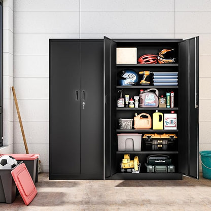 71" H Tall Metal Storage Cabinet with Lock and 5 Adjustable Shelves, Metal Garage Storage Cabinet for Home, Office, Garage, Warehouse Organize, Black