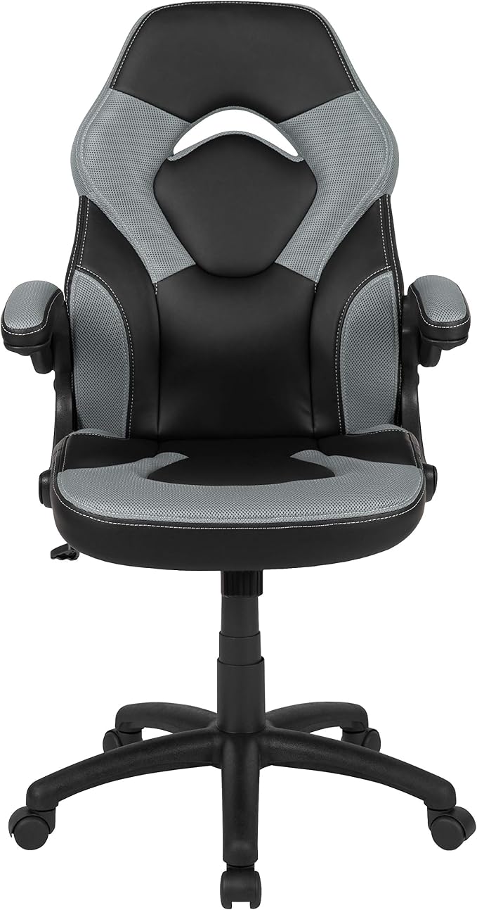 Flash Furniture X10 High-Back LeatherSoft Racing Style Gaming Chair with Flip-Up Arms, Ergonomic Padded Swivel Computer Chair, Gray/Black