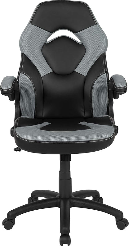 Flash Furniture X10 High-Back LeatherSoft Racing Style Gaming Chair with Flip-Up Arms, Ergonomic Padded Swivel Computer Chair, Gray/Black