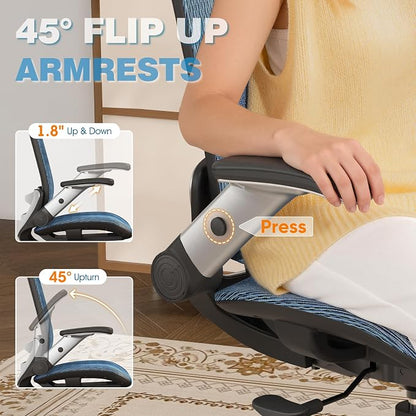 GABRYLLY Ergonomic Office Chair, High Back Mesh Desk Chair with Adjustable Headrest, Flip-Up Arms, 90-120° Tilt Lock, Lumbar Support and Comfy Seat, Swivel Computer Task Chair, Blue