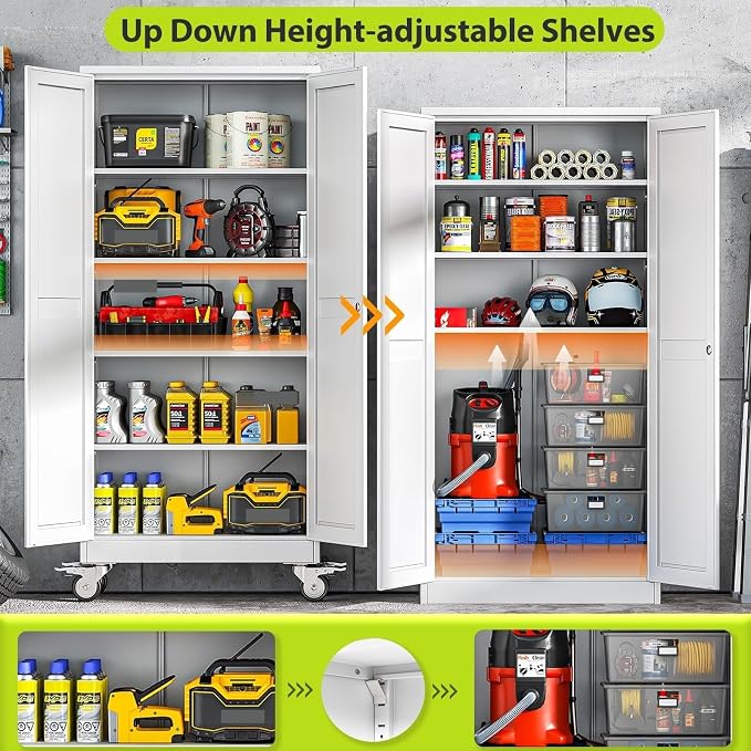 Metal Garage Storage Cabinet with Wheels, 70.9" H x 29.9" W x 15" D, Lockable Rolling Steel Tool Cabinet with Adjustable Shelves, Heavy Duty Garage Cabinet for Workshop, Basement, Home, White