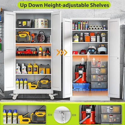 Metal Garage Storage Cabinet with Wheels, 70.9" H x 29.9" W x 15" D, Lockable Rolling Steel Tool Cabinet with Adjustable Shelves, Heavy Duty Garage Cabinet for Workshop, Basement, Home, White