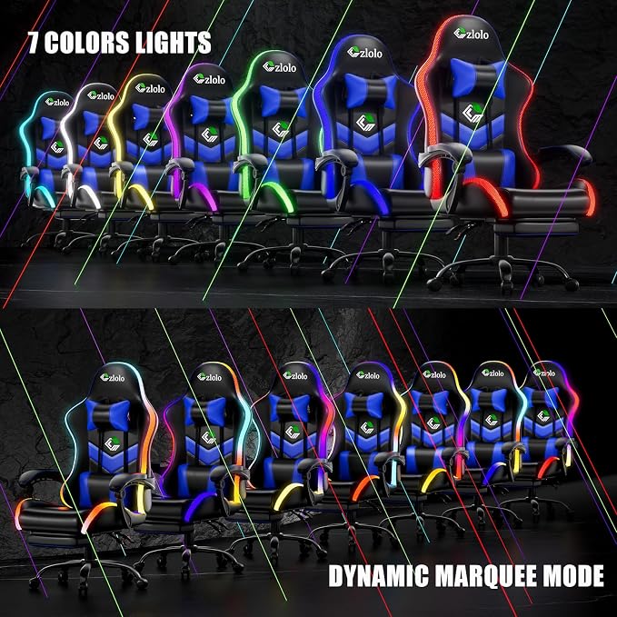 Czlolo Gaming Chair, 2026 Upgraded RGB LED Lights Computer Chair with Footrest, Lumbar Support Massager Gamer Chair, High Back, 90-135° Reclining, Linkage Armrests, Blue