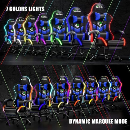 Czlolo Gaming Chair, 2026 Upgraded RGB LED Lights Computer Chair with Footrest, Lumbar Support Massager Gamer Chair, High Back, 90-135° Reclining, Linkage Armrests, Blue