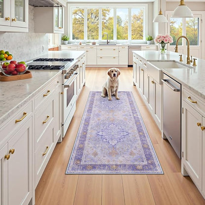 RELEANY Area Rugs Runner 2'x5' Washable Non-Slip, Floral Vintage Distress Medallion Carpet for Kitchen Hallway Bedroom Beside Laundry Room Bathroom, Light Purple Brown