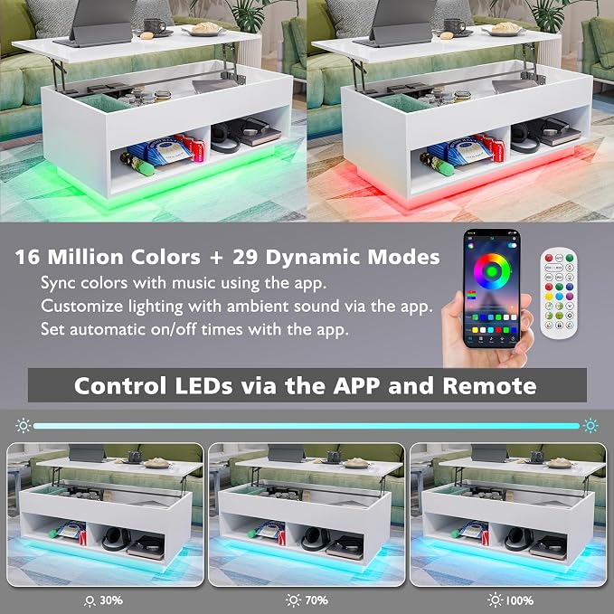 HOMMPA 40" Modern LED Coffee Table with Storage for Living Room, Lift Top Coffee Table with 2 Shelves, High Glossy Wooden Dining Table, Multifunctional Furniture for Bedroom/Home Office, White