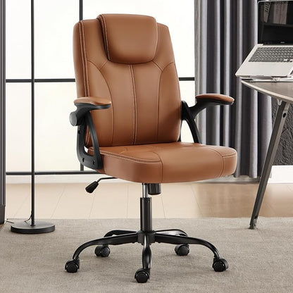 Executive Office Chair, Ergonomic PU Leather Computer Chairs, Executive Breathable Desk Chair with Padded Flip-Up Arms, 360° Swivel Rolling Chair Comfy Padded for Working Studying Gaming (Brown)