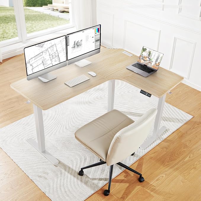 HUANUO 63″ L-Shaped Standing Desk, Built-in Power Outlets, Electric Height Adjustable Corner Computer Desk, Large Power Strip Holder, Sit Stand Up Desk with 3 Preset Heights, Natural Wood
