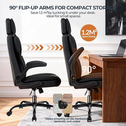 Office Chair with Adjustable Headrest - Executive Leather Desk Chair for Home Office, with Flip-Up Arms & Ergonomic Lumbar Support, Perfect for Work and Study, Black
