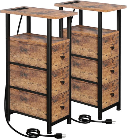 LOAKEKEL Narrow End Tables Living Room Set of 2 with Charging Station, Skinny Side Table with Fabric Drawers, Slim Nightstand for Bedroom, Small Spaces, Couch, Rustic Brown, HETNDP03PBR