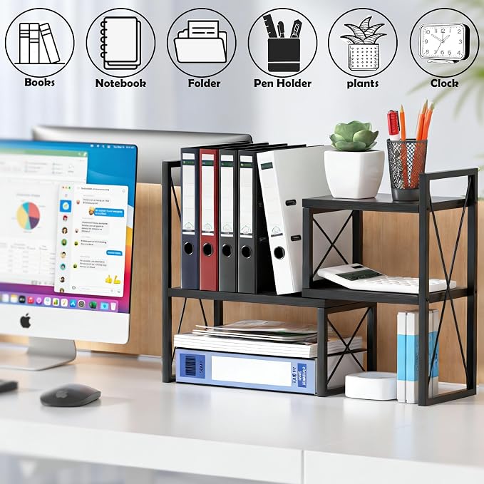 Expandable Desktop Shelf Organizer, 2 Tier Wood Desk Shelf for Office, Metal Corner Bookshelf, Countertop Storage Rack (Black)