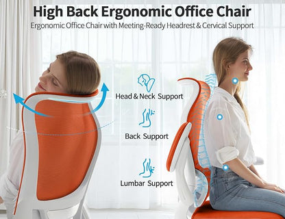 TRALT Ergonomic Office Chair - Desk Chair with Wave High Back Adjustable Lumbar Support Computer Chair - Gaming Chairs Mesh Backrest and PU Leather Seat for Home Reading Chairs to Adults (Orange)