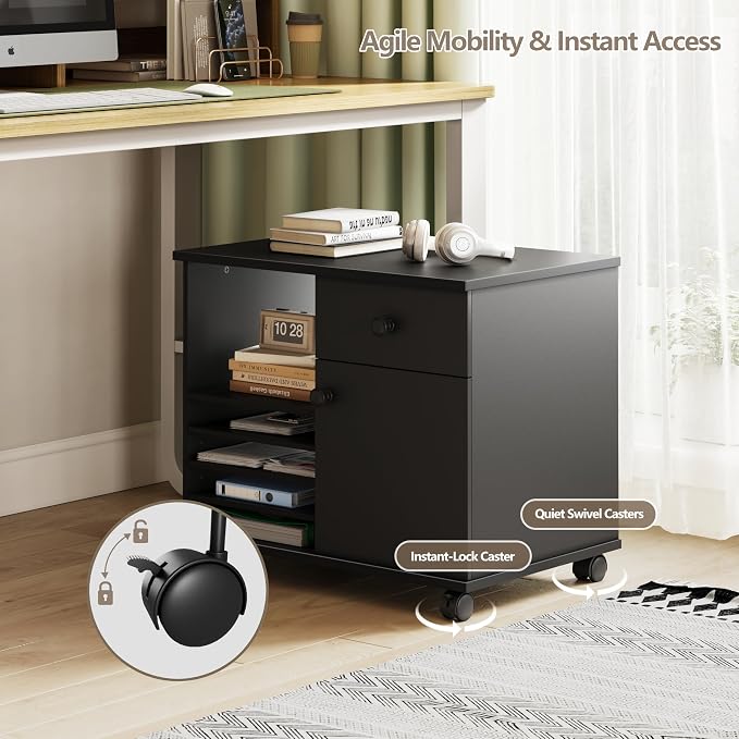 Quikraen Wooden Rolling File Cabinet Black | Mobile Lateral Office Filing Cabinets with Doors Under Desk Cabinet for Office Supplies