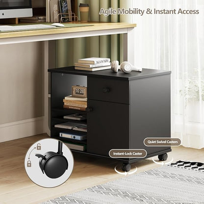 Quikraen Wooden Rolling File Cabinet Black | Mobile Lateral Office Filing Cabinets with Doors Under Desk Cabinet for Office Supplies