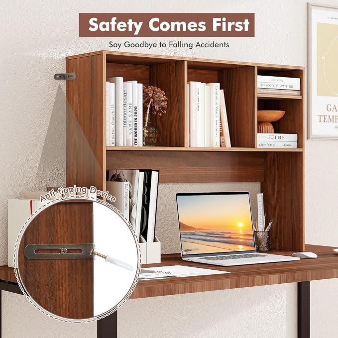 LDAILY Desktop Bookshelf, 2-Tier Office Desk Shelf Organizer Desk Hutch with 4 Shelves, 37’’L Wood Storage Rack Display Shelf for Computer Desk, Office, College Dorm, Bedroom (Walnut)