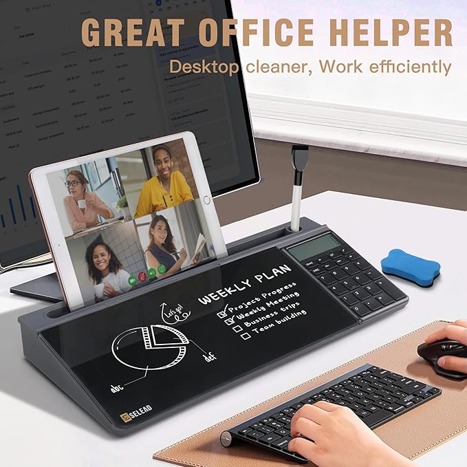 SELEAD Desktop Glass Whiteboard with Calculator, Dry Erase Board Computer Pad Keyboard Stand with Organizer Drawer for Home, School, Office Desk Accessories, Black