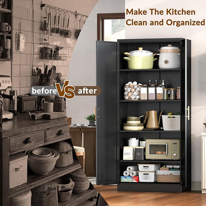 BESFUR 71" Tall Black Kitchen Pantry Cabinet, Metal Food Storage Cabinet with 4 Adjustable Shelves, Freestanding Cupboard with Doors for Kitchen, Dining Room, Living Room, Bathroom, Laundry Room