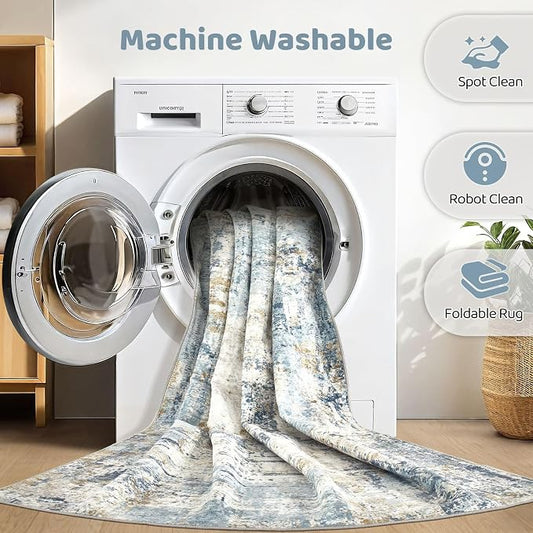 Runner Rug Non Slip Rugs: 3x10 Hallway Kitchen Washable Abstract Soft Modern Stain Resistant Indoor Floor Neutral Accent Throw Carpet for Bathroom Laundry Room Entryway Bedroom- Blue