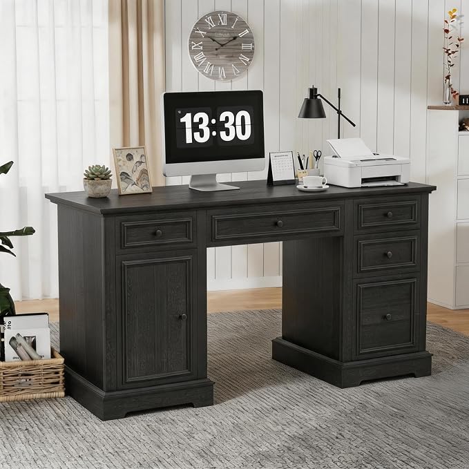 Vipbear 60" Farmhouse Executive Desk with Drawers and Cabinet, Embossed Texture Wood Home Office Desk, Rustic Computer Writing Desk, Workspace for Work Study Writing, Black