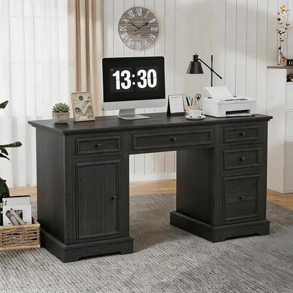 Vipbear 60" Farmhouse Executive Desk with Drawers and Cabinet, Embossed Texture Wood Home Office Desk, Rustic Computer Writing Desk, Workspace for Work Study Writing, Black