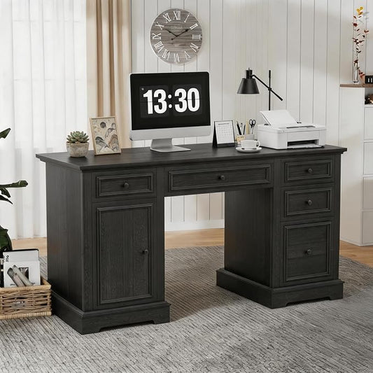 Vipbear 60" Farmhouse Executive Desk with Drawers and Cabinet, Embossed Texture Wood Home Office Desk, Rustic Computer Writing Desk, Workspace for Work Study Writing, Black