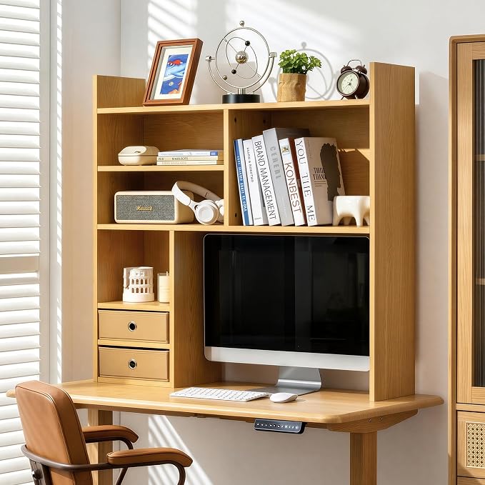 deli Desktop Bookshelf, High-Capacity Desk Hutch Organizer with 7 Shelves and 2 Drawers for Computer Desk, Desk Shelf Organizer for Dorm Office Home, Natural
