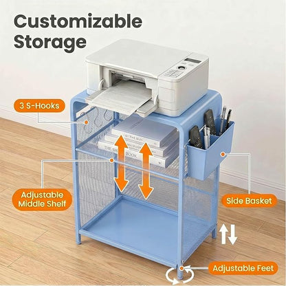 ECOLOVI 3 Tier Printer Stand for Under Desk, Height Adjustable Shelf Small Printer Table with 3 S-Hooks & Basket, Heavy Duty Industrial Storage Shelf for Home Office (Blue Metal)