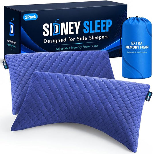 Sidney Sleep Set of 2 Queen Size Bed Pillows for Side and Back Sleepers - Adjustable Filling - Memory Foam Pillows for Neck and Shoulder Pain - Customizable Loft - Extra Foam Included (Blue)