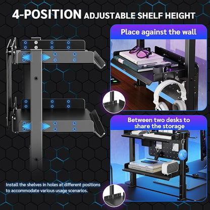 2-Tier Metal Clamp On Desk Shelf, Adjustable 16 inch Desk Storage Shelves with Pegboard and Pencil Holder,Above or Under Heavy Duty Desktop Organizer with Headphone Holder for Desk Accessories (Black)
