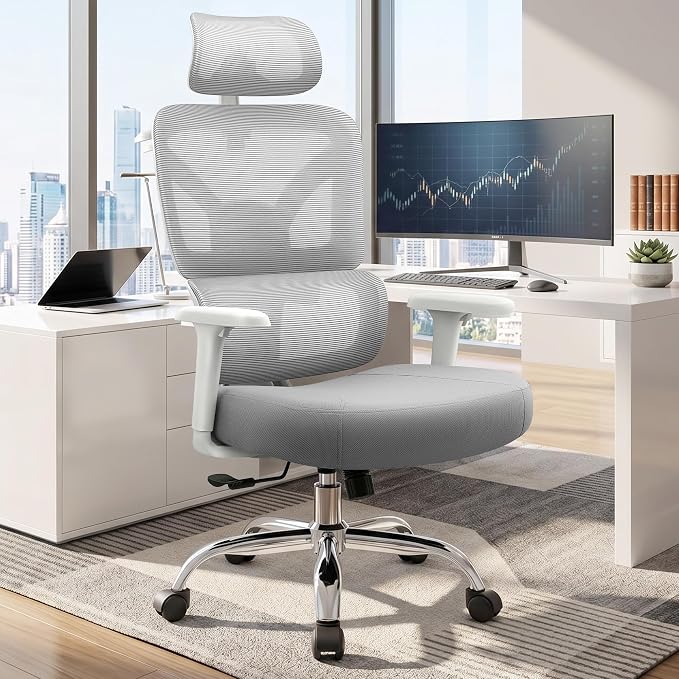 Ergonomic Office Desk Chair, Breathable Mesh Office Chair with Lumbar Support, Computer Desk Chairs Comfy for Home Office, Work, Study, LightGray, Standard